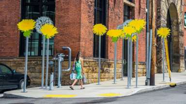 Public art made of road sign materials in bright yellow to create dandelions.