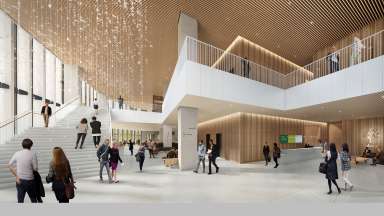 A rendering of a lobby with a staircase and suspended light installation