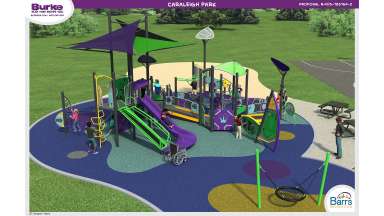 Rendering of the new playground at Caraleigh Park showing unique, adaptive and accessible features.