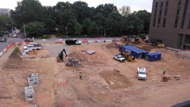 Image show the empty construction following the demo of the old police headquarters.