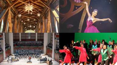 collage of four different holiday arts programs: dancers, motwon singers, a large chorus and traditional star decorations in an old church.