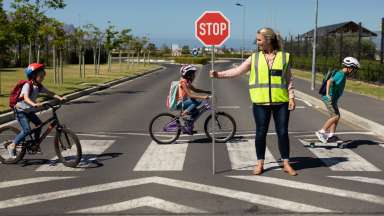 students crossing street