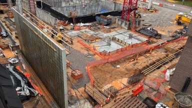 Image shows construction activity taking place on the new City Hall.