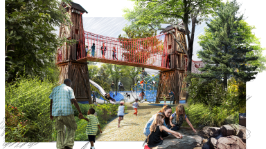 Rendering of Gipson Play Plaza, showing two large play towers and a bridge connecting them