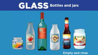 Graphic showing what glass bottles can be recycled. Rinse before recycling.