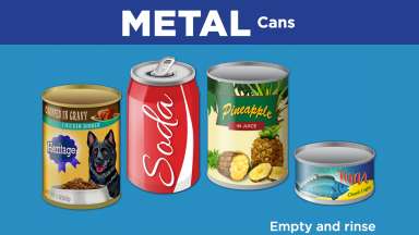 Graphic showing different types of metal cans that can be recycled after rinsing clean