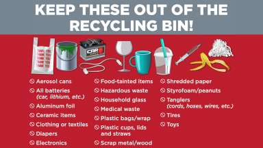 Graphics shows a long list of items not to recycle - listed on the page.