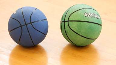 a blue and green rubber basketballs