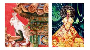 Two paintings side by side. One features a rabbit and chinese new year icons. The other is a pyramid of Black women matriarchs.