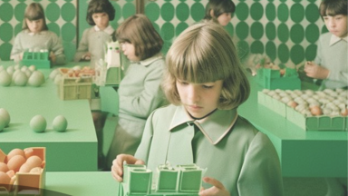 AI art of children in an all green room holding eggs