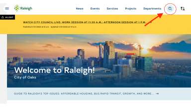 Screenshot of home page of the City of Raleigh website with search bar highlighted.