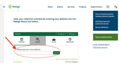 Screenshot showing spot on website to enter address in Raleigh Reuse tool