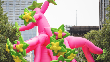 pink, yellow, and green 50 ft inflatable tree