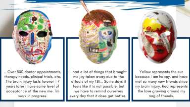 handmade masks with quotes from brain injury suvivors who made the masks.