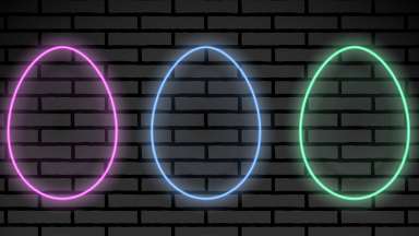 neon lights in an egg shape on a black brick background