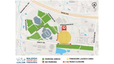 A map that shows shaded areas to park for the fourth of July fireworks