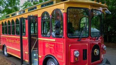 an image of the red historic trolley
