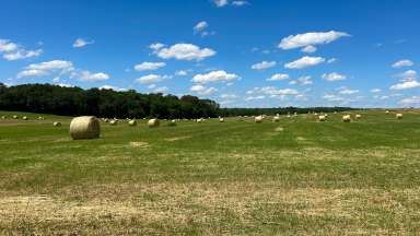 Wide open farmland with bales of hay in the fields