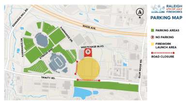 a map showing the parking options new Wade Ave and Edwards Mill Road.