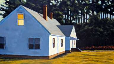 painting of white house with the sun reflecting off the front of the house. Tree silhouetted in the background