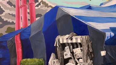 Surrealist painting depicting an outdoor scene with a tent and person leaned back reading a newspaper.