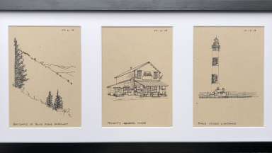 Three ink sketches of a mountain, general store, and light house