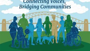An image of blue, green, and golden silhouette figures standing in front of a bridge. The top of the image reads &quot;Connecting voices, Bridging Communities.&quot;