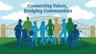 An image of blue, green, and golden silhouette figures standing in front of a bridge. The top of the image reads &quot;Connecting voices, Bridging Communities.&quot;