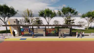 Rendering of a bus station with art on the glass shelter