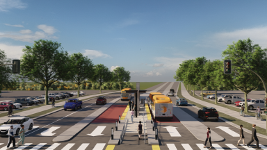 A rendering of a bus corridor lined with trees.