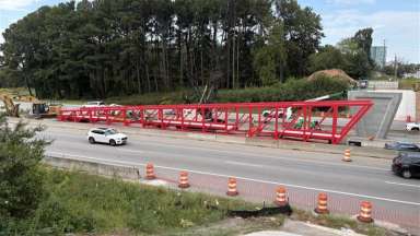 red pedestrian bridge
