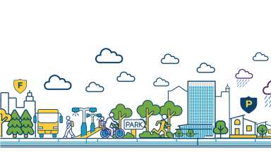 A cartoon-like rendering of City highlights - a bus, clouds, bikes, a runner, the new City Hall, parking, police, fire