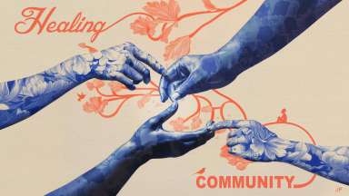 An digital painting of blue, flower-covered hands touching alongside the words "healing" and "community."