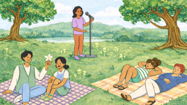 Illustration of several people outside enjoying a poetry reading