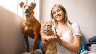 a dog and cat with a pet owner