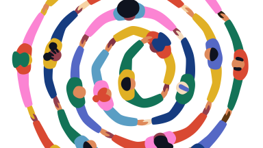 Illustration of people wearing colorful outfits holding hands, creating a spiral shape.