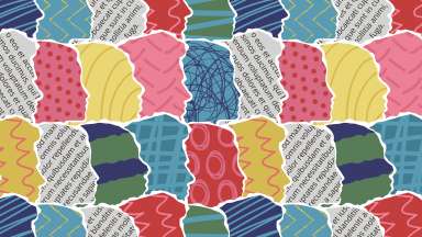 A collage of silhouettes colored with bright patterns and newspaper