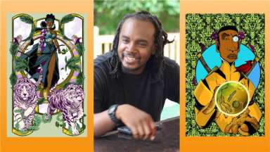 Two images of comics by Wolly McNair and his headshot