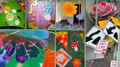 A collage of pictures taken at a sign shop. Images have different street signs and art materials.