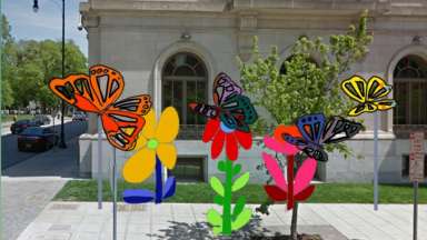 Artists rendering of bright colored flowers on a city street.