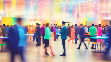 A colorful illustration of people wearing professional clothing at a business convening