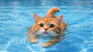 a cat swimming in a pool