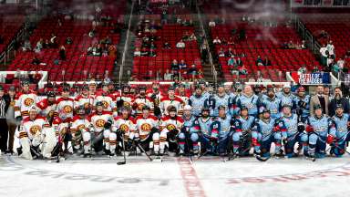 Hockey players at center ice