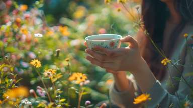 a person enjoying tee in a field of wild flowers