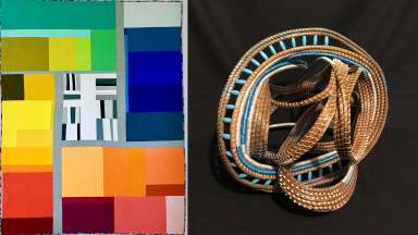 left-right: colorful fiber work quilt by Michelle Wilkie, sculptural abstracted basket weaving by Shakeeka Brooks