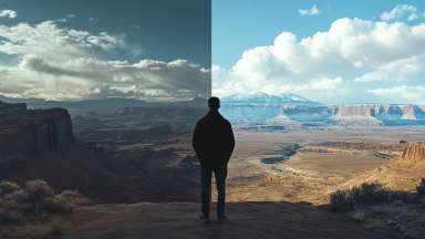 a half edited image with a silhouette of a person in the middle