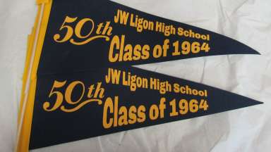 Triangle flags with "50th JW Ligon High School Class of 1964" on them