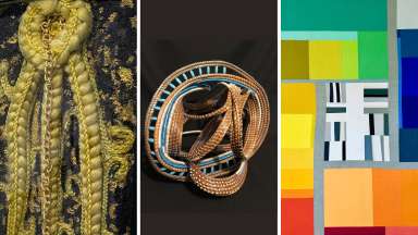 left-right: detail of mixed media work in yellows by Chris-Annia Dobson, sculpture/basketry in browns and blues by Shakeeka Brooks, and multi-colored geometric quilt by Michelle Wilkie