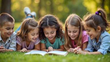 children reading a book on a green lawn