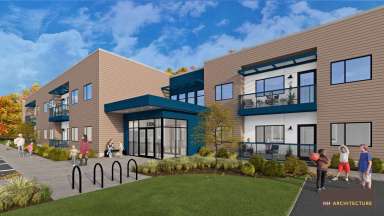Rendering of building exterior, showing a two story apartment development